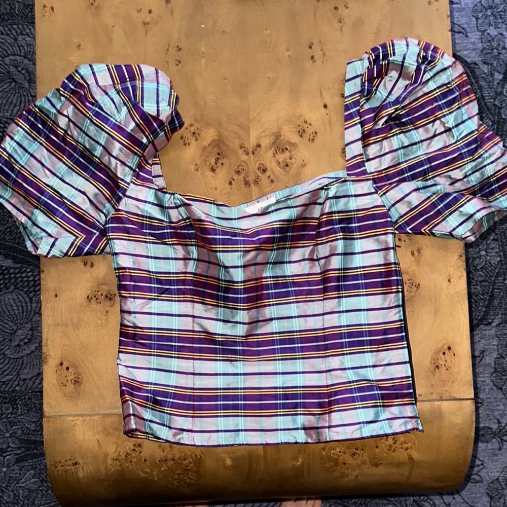 LPA Pink and Blue Puff Sleeve Crop Blouse